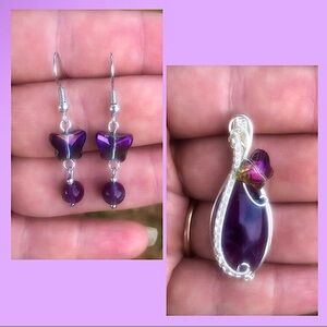 Wire Wrapped Amethyst Butterfly Earrings Pendant Necklace Set Handmade OOAK